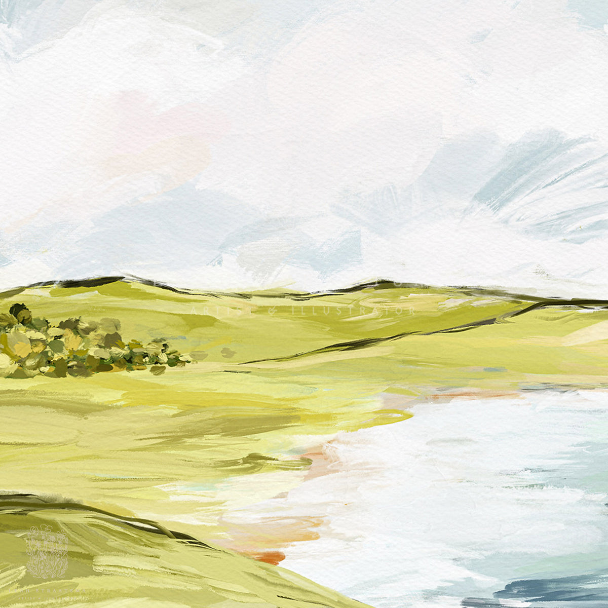 Close-up of soft green landscape painting with brushy lake reflection and light skies, ideal for calm and minimalist room styling.