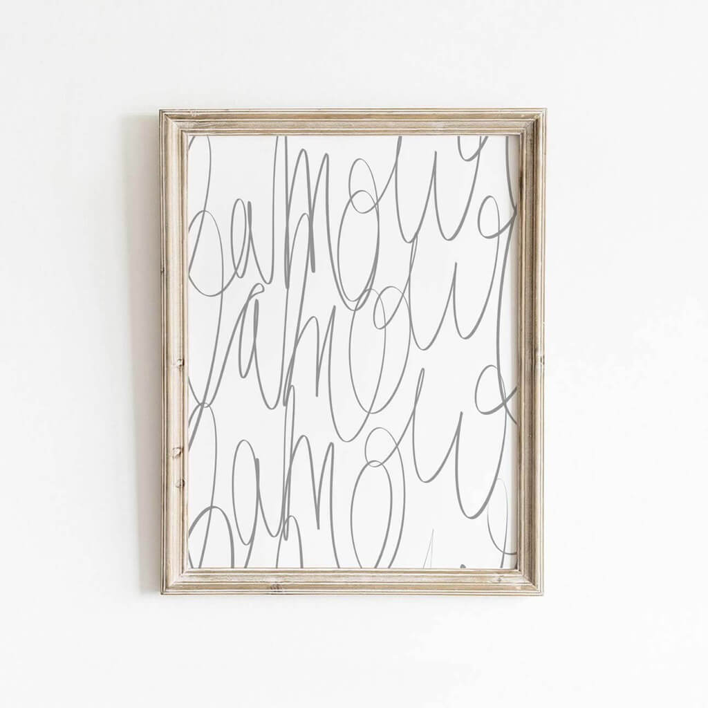 Love scribble word art made in grey lettering against a white background; artwork by Leah Straatsma