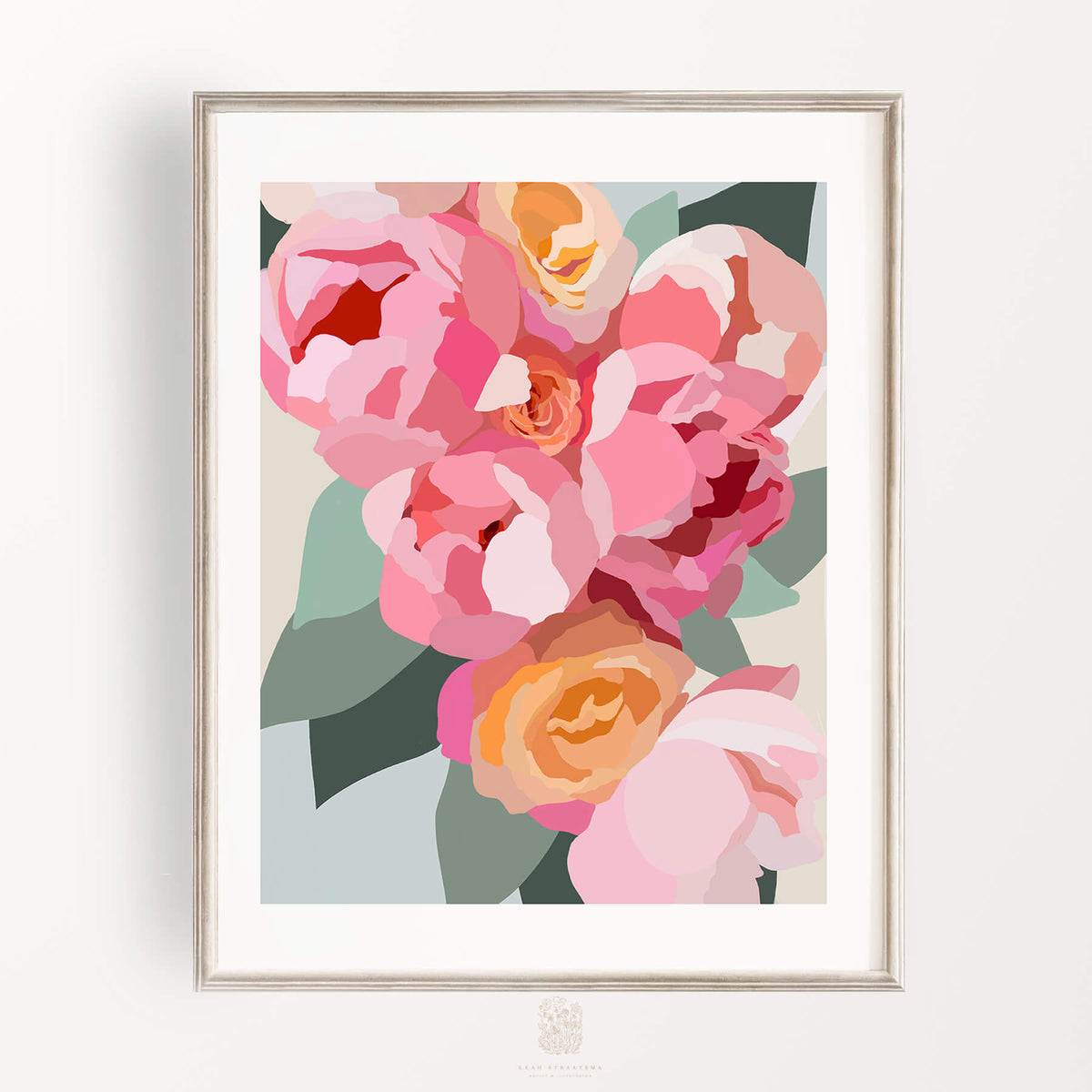 Vibrant Modern Peony Print in shades of pink, yellow, green, and blue, ideal for adding color to any room.
