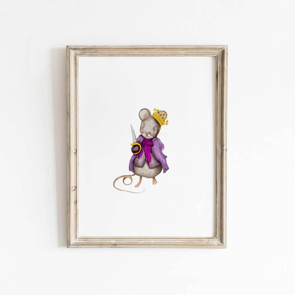 Whimsical Mouse King wall art in royal purple and gold, styled in a natural wood frame for classic holiday nursery or playroom decor.