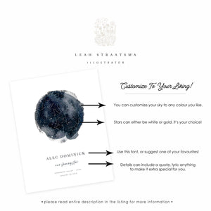 A watercolor illustration of a night sky with stars, a constellation, personalized details such as name, date, etc. The illustration is on a white background with text that reads "Customize To Your Liking!" and "You can customize your sky to any colour you like. Stars can either be white or gold, it's your choice! Use this font, or suggest one of your favourites! Details can include a quote, lyric anything to make it extra special for you."