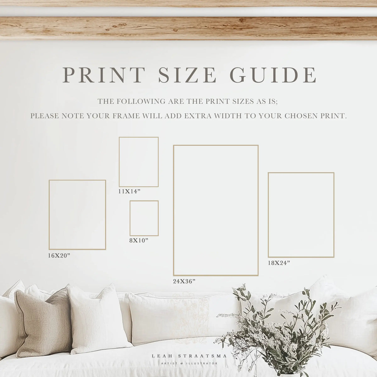 Print size guide for art display, showing frame options and wall styling suggestions for various room setups.