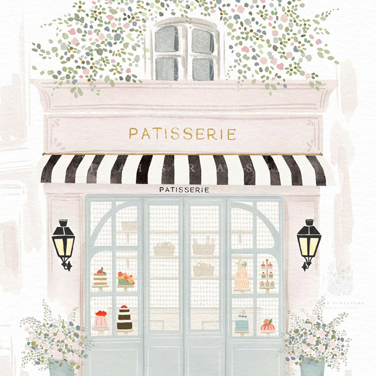 Close-up of a Parisian patisserie art print featuring baked goods, florals, and whimsical details.