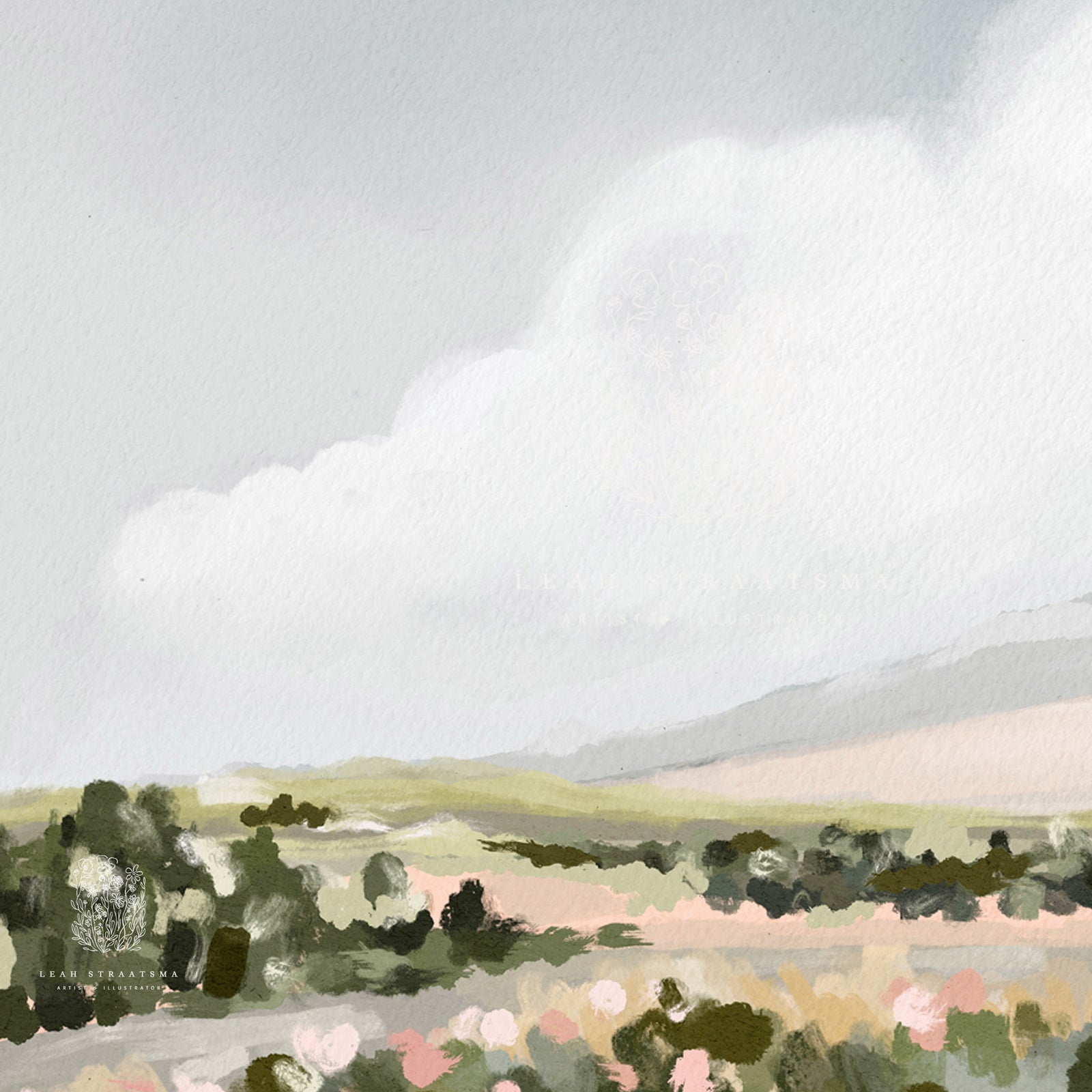 Close-up of soft landscape artwork with hand-painted textures, delicate greens, and creamy clouds—ideal for cottagecore decor or serene home styling.