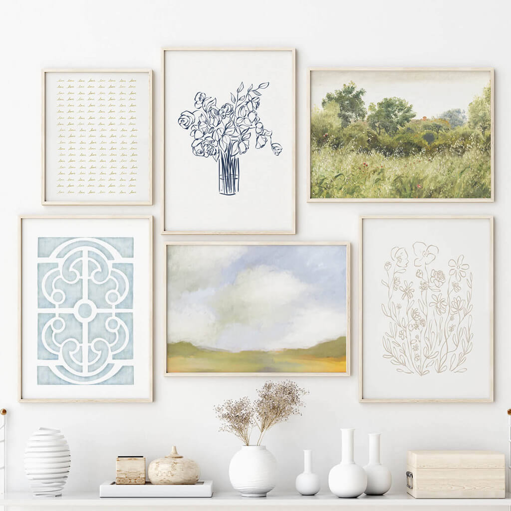 Pretty printable gallery wall art set from artist Leah Straatsma featuring original and vintage art.