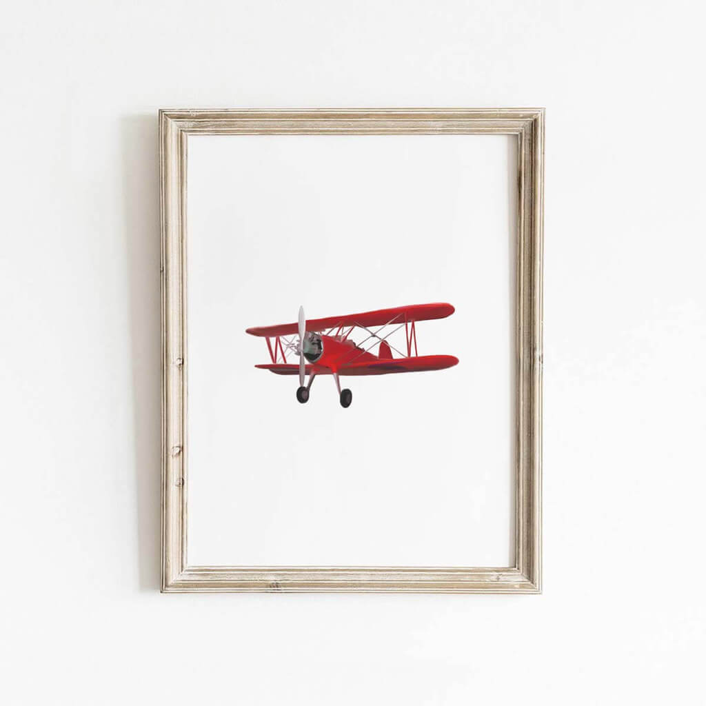 Nursery art print of a red vintage airplane - illustration by Leah Straatsma