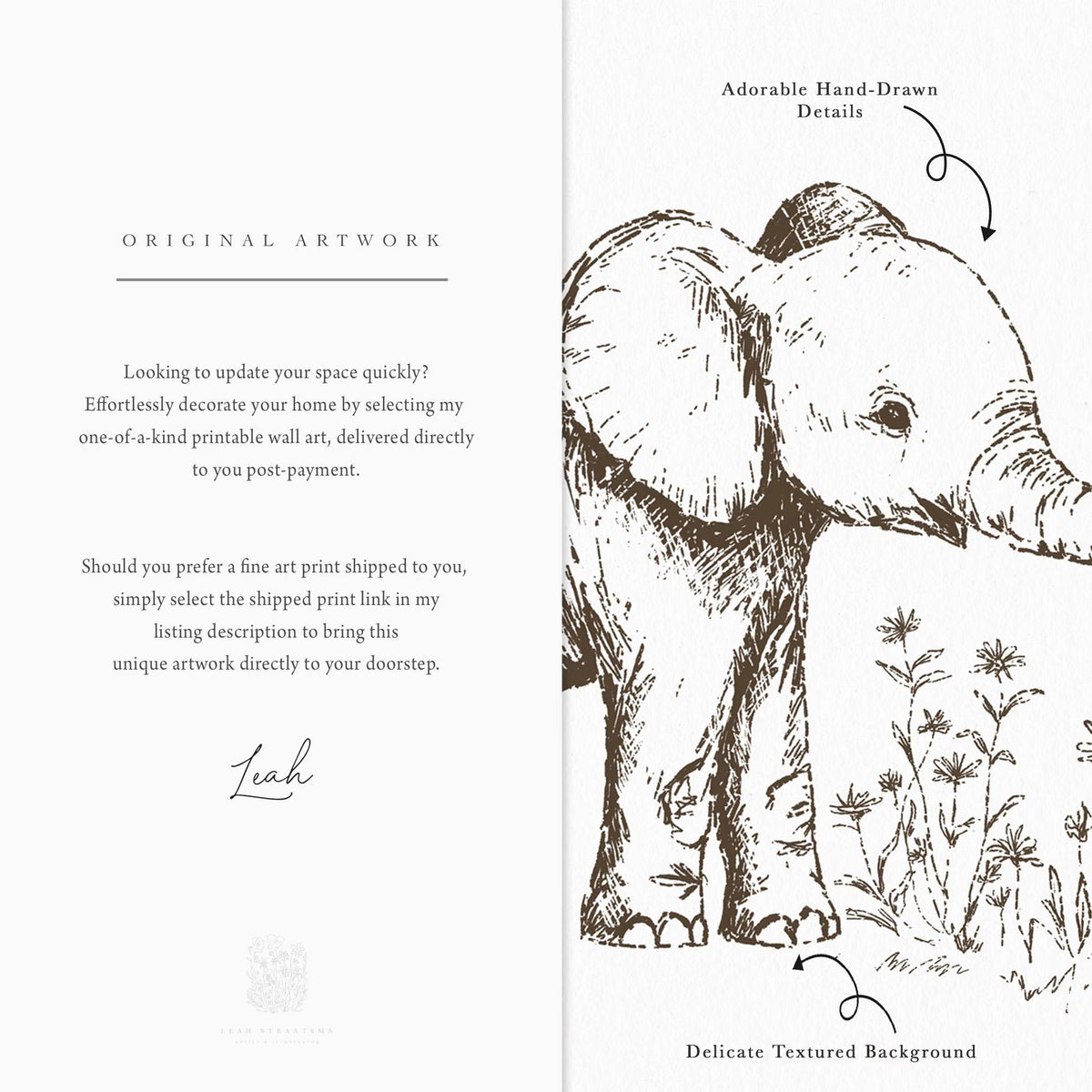 Close-up of hand-drawn elephant nursery art showing illustrated details and textured background, with printable and shipped options explained.