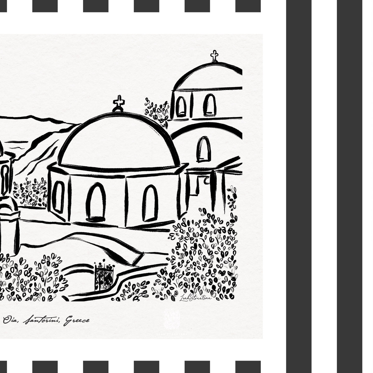 Close-up of Santorini art print, showcasing ink illustration set against a textured background, and framed with stripes.