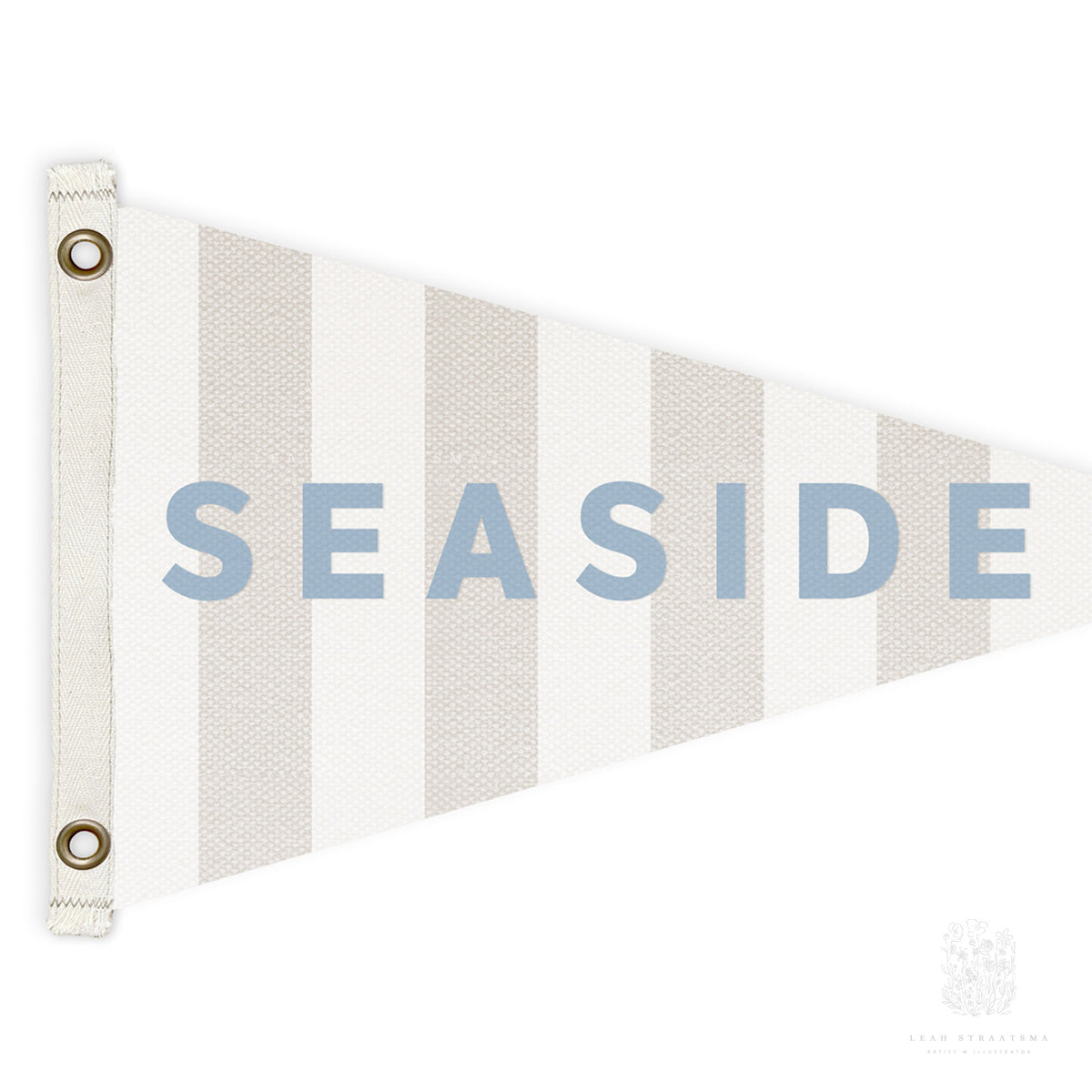 Close-up of a striped beige and white canvas pennant flag with the words &quot;Seaside&quot; in blue, perfect for kids&#39; rooms, bathrooms, and other nautical-inspired spaces.