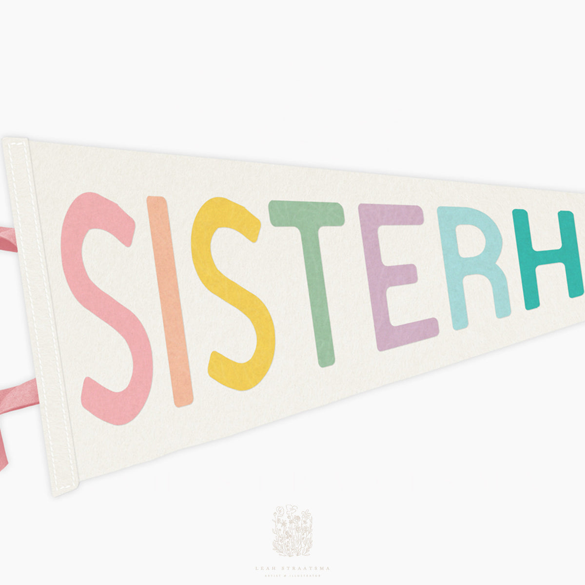 Close-up of pastel sisterhood pennant art in soft pink, yellow, and teal tones, perfect for girls bedroom or feminist gallery wall.
