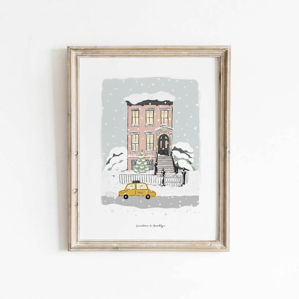 Cozy New York brownstone illustration in winter with snow-covered trees and yellow taxi, perfect for holiday or city-themed wall art.