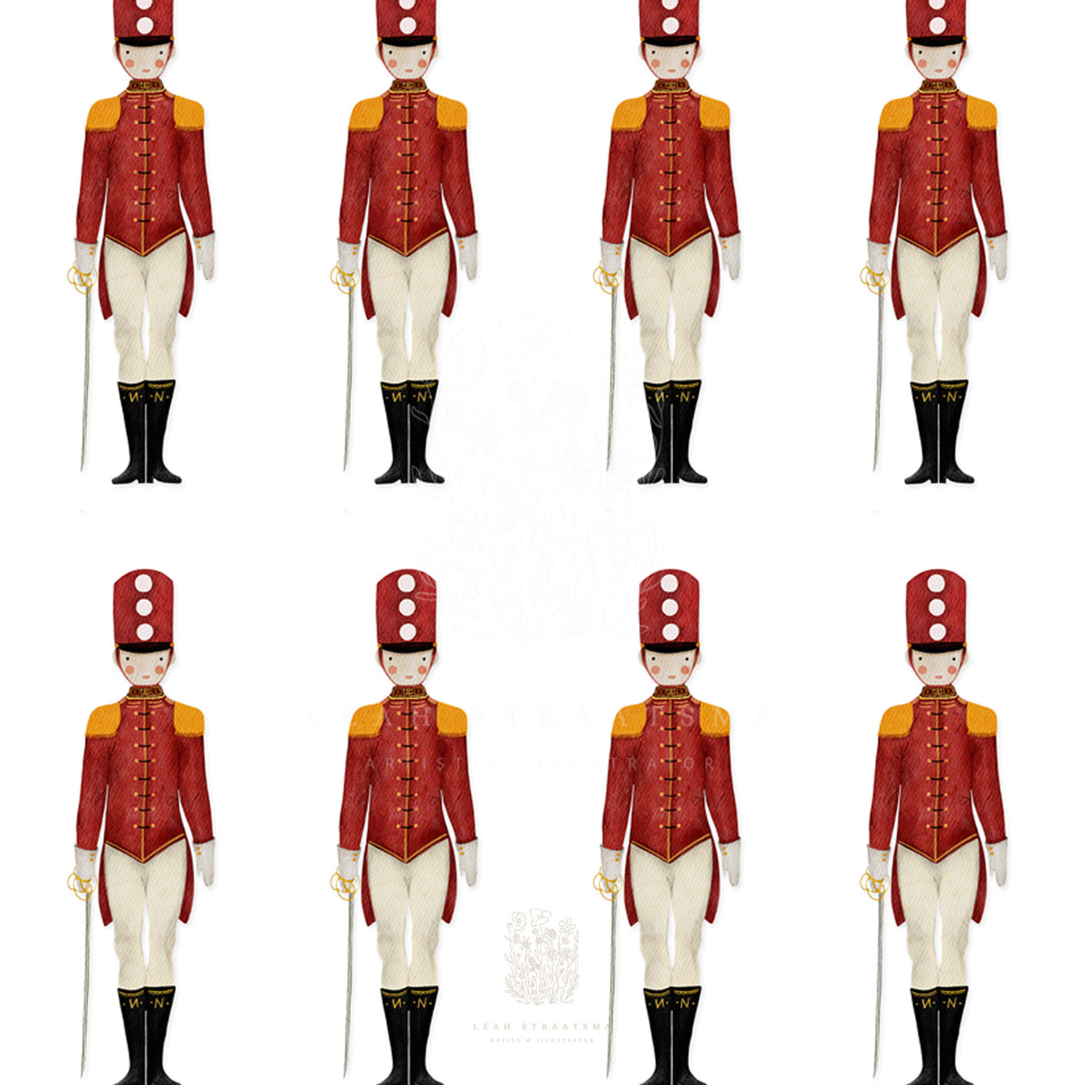 Close-up of a Nutcracker toy soldier art print in red and gold, a playful and festive print ideal for Christmas-themed rooms or holiday decor.