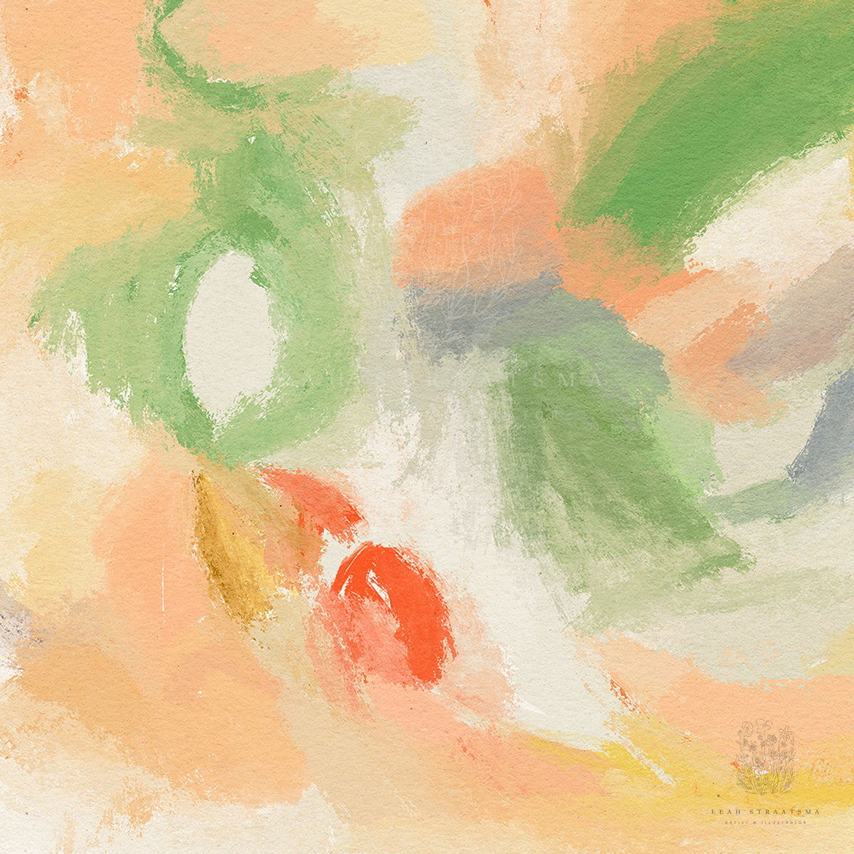 Close-up of an abstract tulip painting featuring bold colours such as green, yellow, and red mixed with soft pastel tones. 