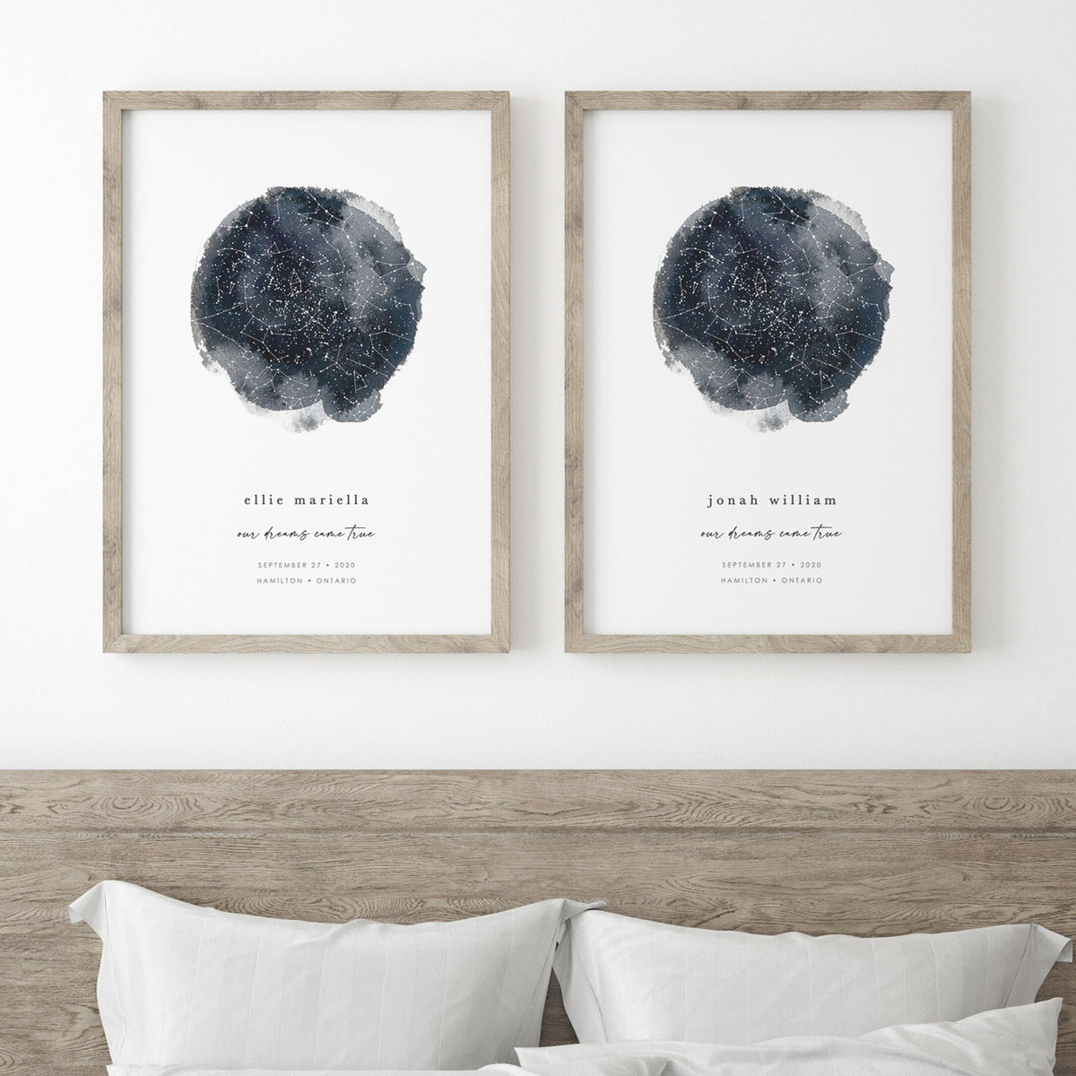 Two personalized celestial wall art prints with a custom star map, including name and birth details, framed on a wall in a serene bedroom above a bed.