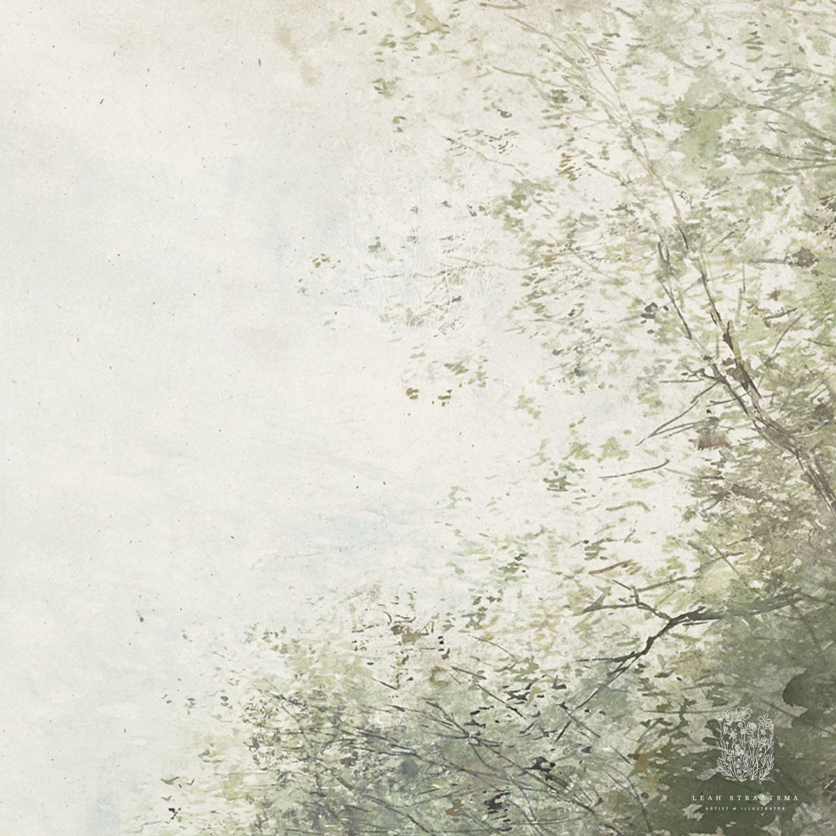 Close-up of a vintage painting featuring tree limbs and leaves, with a vantage point as though you were looking at the sky, perfect for a calming space.