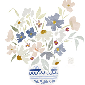 Close-up of watercolor floral art print featuring soft pink, blue, and cream wildflowers in a hand-painted blue vase, perfect for modern cottage decor.