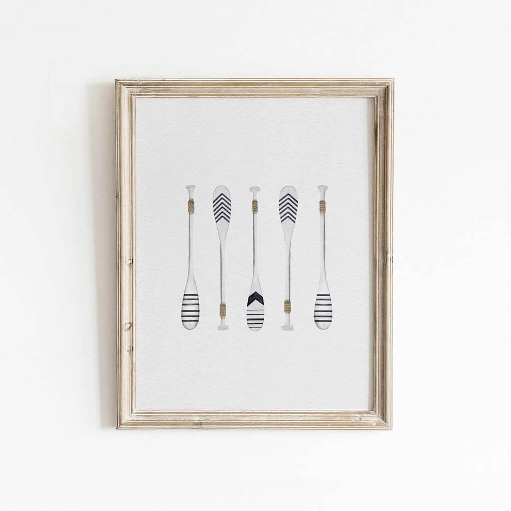 Classic watercolour art print of five blue striped paddles or oars.