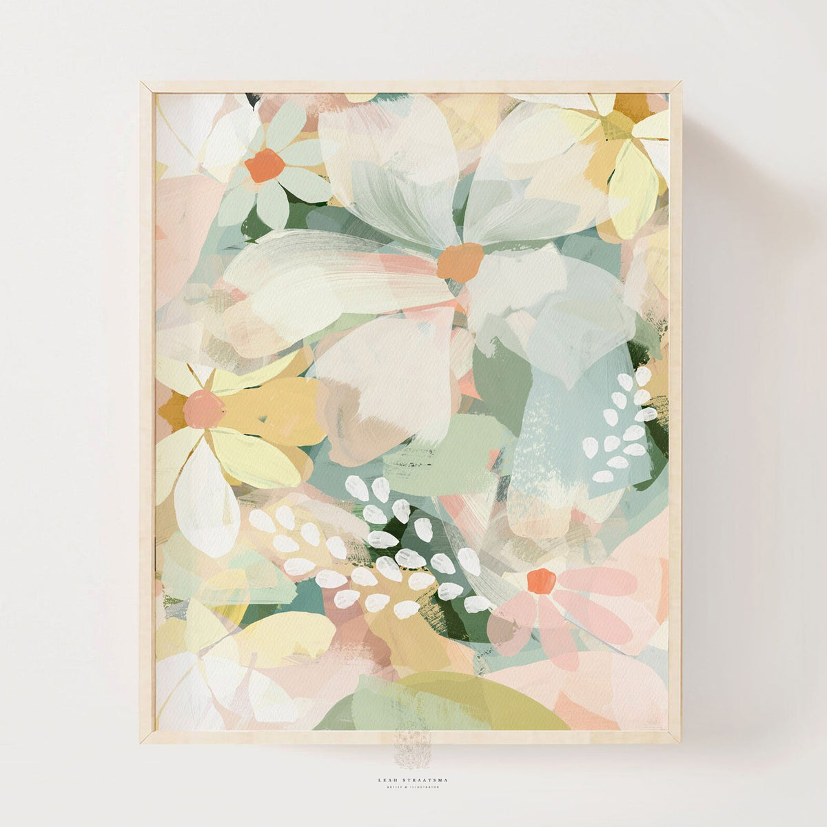Straight-on view of abstract daisy artwork in neutral wood frame, featuring soft pastel florals – ideal for girls rooms or boho decor.