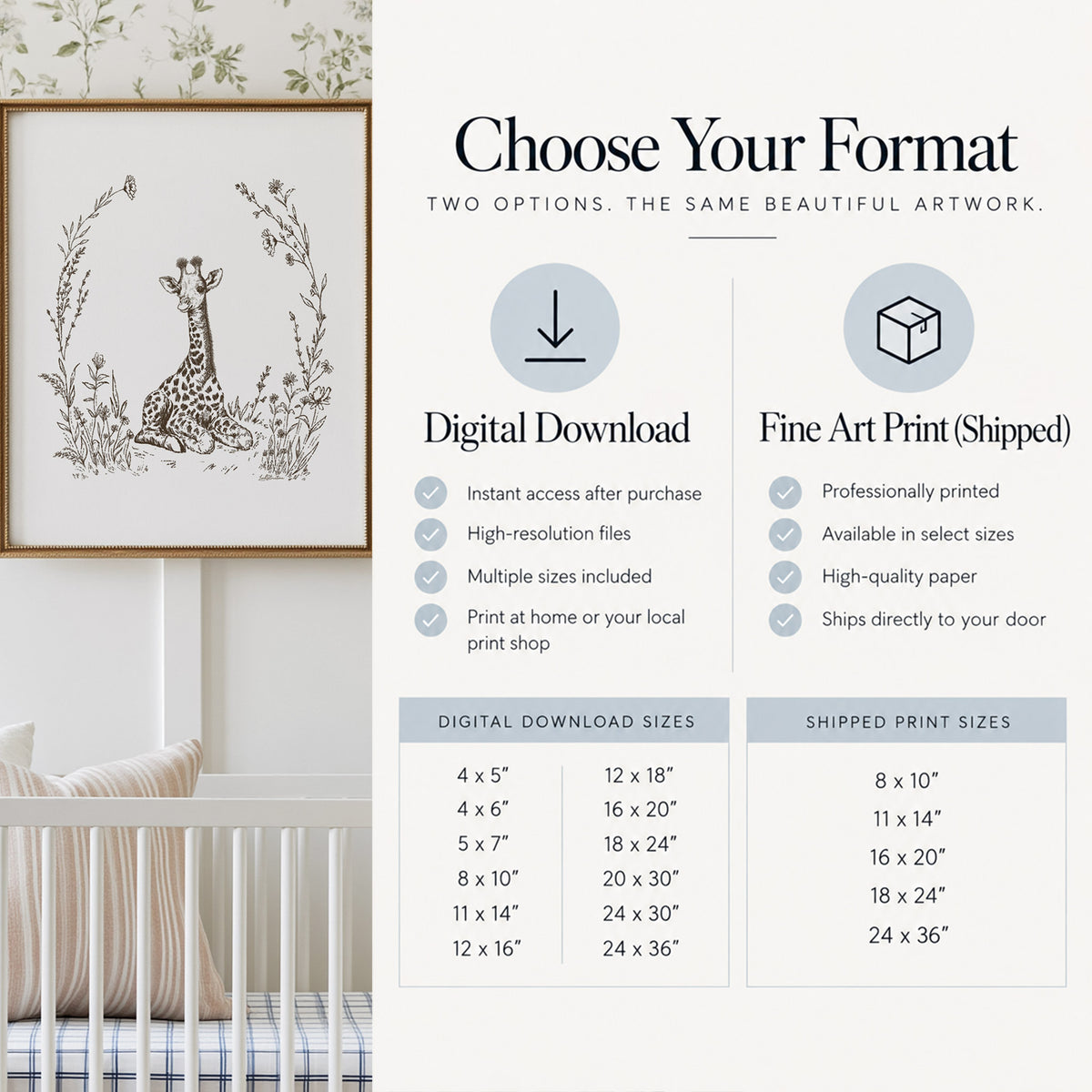 Product format and sizing chart for the Baby Giraffe Print. The graphic outlines features and sizes for the Digital Download option versus the Shipped Fine Art Print option.