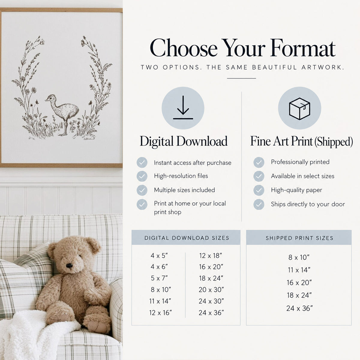 Product format and sizing chart for the Baby Ostrich Print. The graphic outlines features and sizes for the Digital Download option versus the Shipped Fine Art Print option.