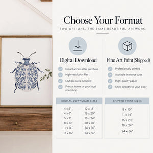 Product format and sizing chart for the Blue Ladybug Print. The graphic outlines features and sizes for the Digital Download option versus the Shipped Fine Art Print option.