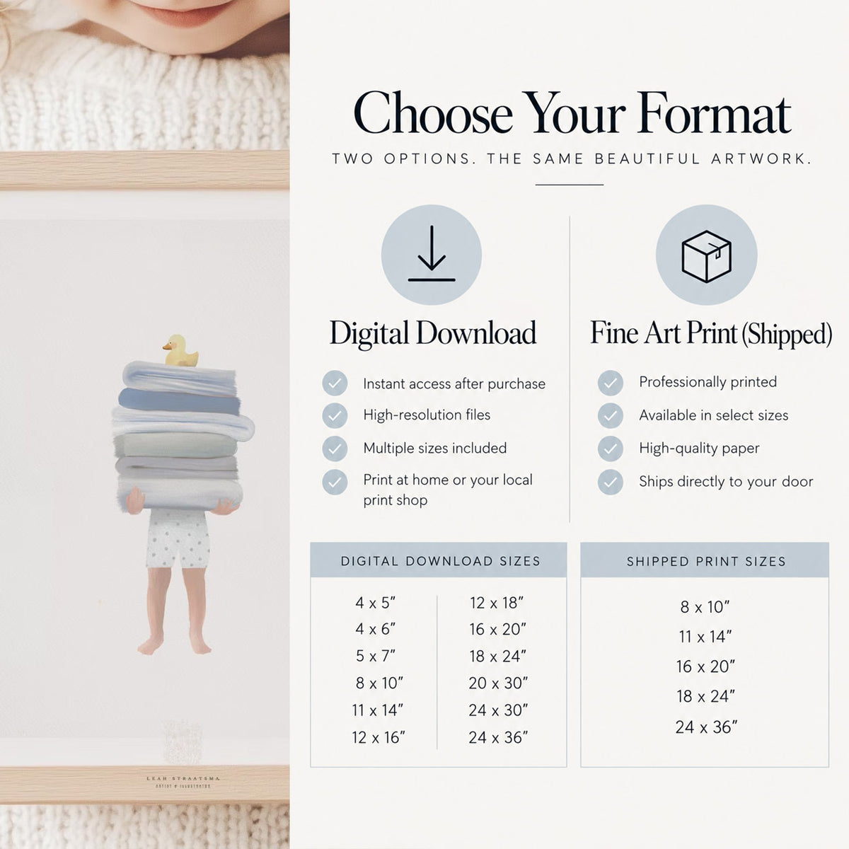 Product format and sizing chart for the Boy Holding Towels Print. The graphic outlines features and sizes for the Digital Download option versus the Shipped Fine Art Print option.