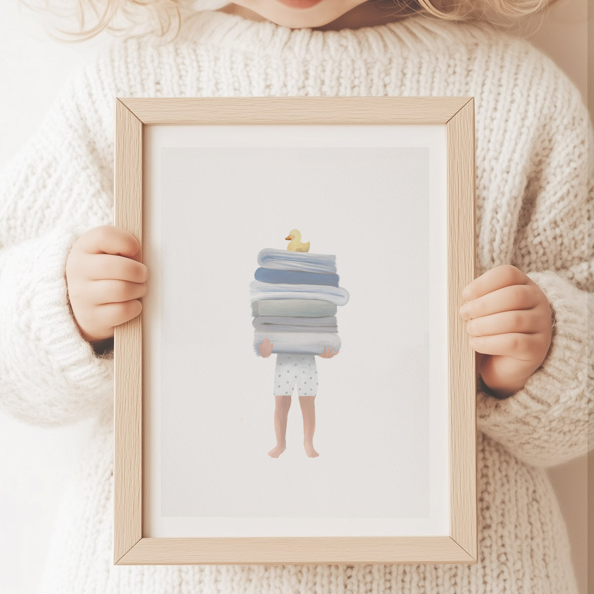 Child holding framed art print of a boy balancing towels with a rubber duck, shown in soft natural light with cozy neutral textures, perfect for playful kids bathroom styling.