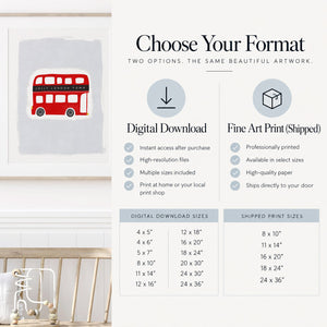 Infographic size guide for the 'Jolly London Town' double decker bus. Text states Digital Download and Fine Art Print options with icons for instant download, multiple sizes, and printing options alongside a chart of standard and international print sizes from 4x5 inches up to 24x36 inches and A1.