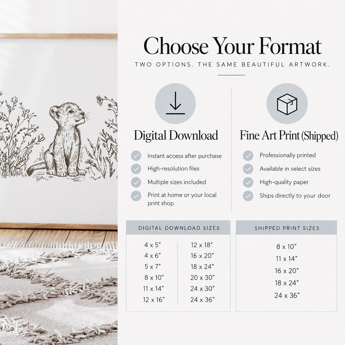 Product format and sizing chart for the Safari Lion Cub Print. The graphic outlines features and sizes for the Digital Download option versus the Shipped Fine Art Print option.